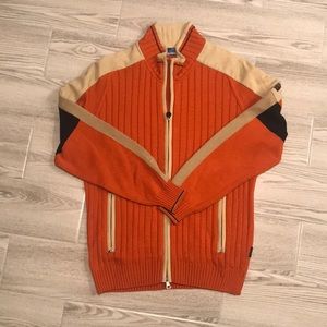 Orange and tan zip up sweater